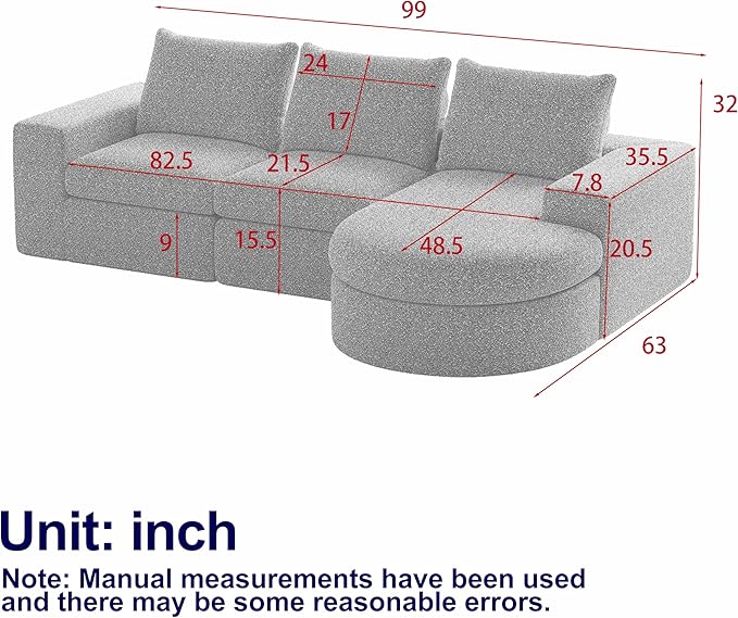 Boneless Sectional Sofa Couches with Chaise Lounge, Comfy Upholstered Compressed Cloud Sectional Sofa Floor Couch for Living Room Apartment,Deep Seat Sofa & Couches | Deep Seat, Wider Armrest, Free Combination