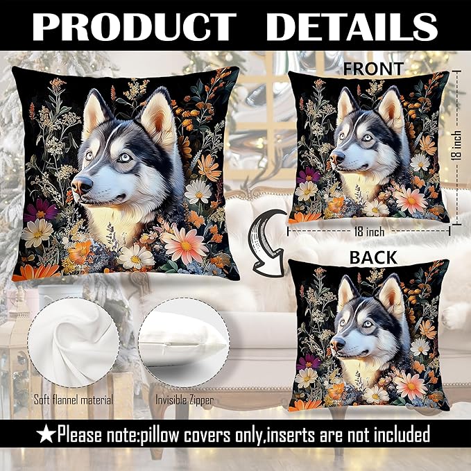 William Morris Inspired-Vintage Floral Siberian Husky Pillow Covers 18x18, Husky Lover Gifts, Moody Dark Botanical Dog Decorative Pillow Covers for Home Living Room Bedroom,Dog Lover Mom Gifts