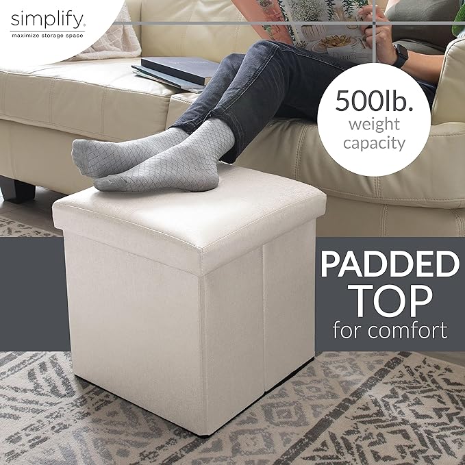 Simplify Faux Leather Folding Storage Ottoman | Single | Collapsible | Tufted Padded Seating | Foot Rest | Bench | Toy Box | Ivory
