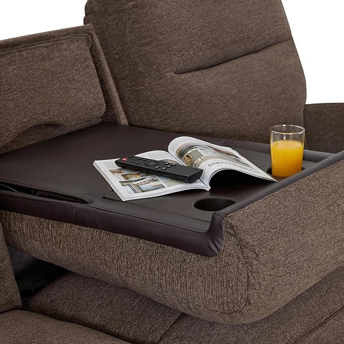 MCombo 87.8" Wall Hugger Power Reclining Sofa with Drop Down Table, 3-Seater Recliner Couch for Small Spaces Living Room RV, USB Ports, Fabric PR635M3 (Dark Brown)