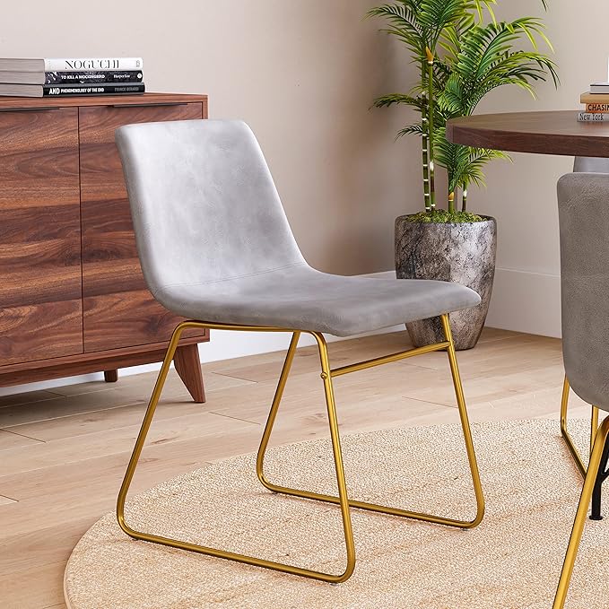 Taylor & Logan Butler 18 inch Dining Table Height Chair, Mid-Back Sled Base Dining Chair in Light Gray Faux Leather with Gold Frame, Set of 2