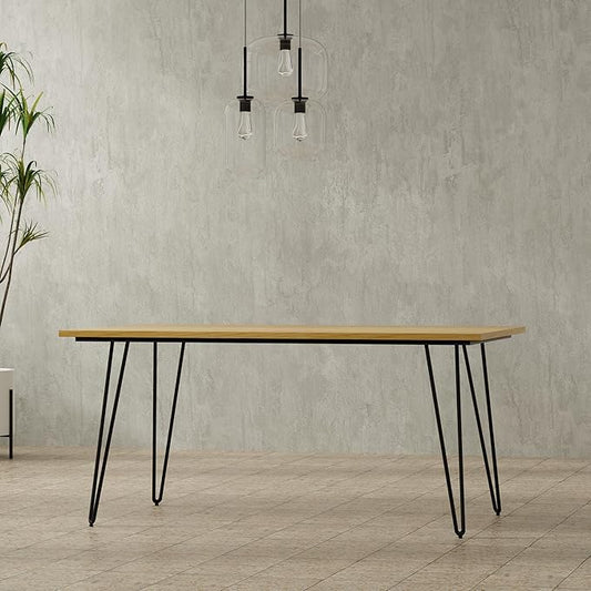 SIMPLIHOME Hunter Dining Table - 66 inch Wide Solid Wood Oak Veneer Table, Modern Industrial Style for Dining Room or Kitchen with Black Powder-Coated Iron Legs and Hairpin Legs, Seats 6