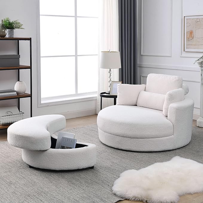 HomSof Swivel Accent Barrel Modern Sofa Lounge Club Big Round Chair with Storage Ottoman Linen Fabric for Living Room Hotel with Pillows，White
