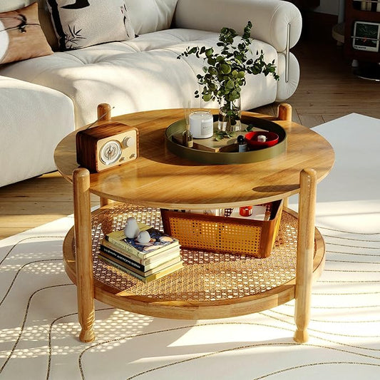 NSdirect 32" Rattan Coffee Table for Living Room, 2-Tier Solid Wood Round Center Table for Home Decor with Boho Woven Rattan Storage Shelf | Modern Farmhouse Design, Easy Assembly, Oak