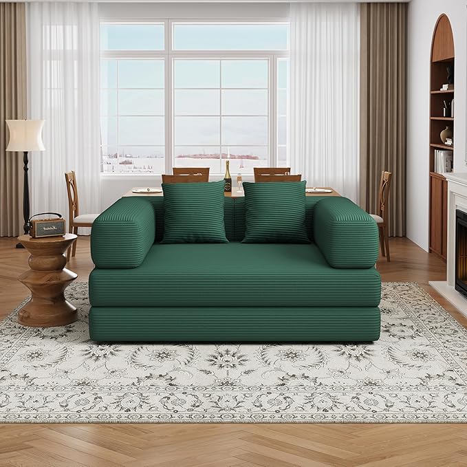 BSHOMGI Folding Sofa Bed Convertible Corduroy Couch Queen Size Floor Sleeper 4-in-1 DIY Combination Modular Lazy Sofas Fold Futon Lounge for Living Room (Green, 53.15" Double Sofa)
