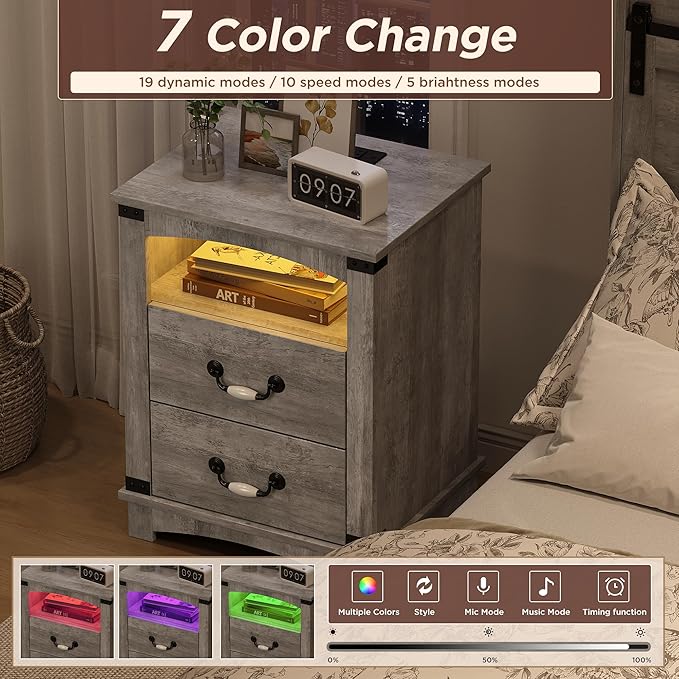 Maupvit Farmhouse Night Stand with Charger Station & Ceramic Handle, Wood Nightstand with 2 Storage Drawers, LED Bedroom Nightstand, Bedside Tables, Grey