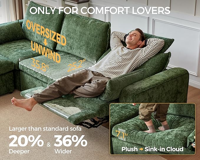 Oversized Modular Sectional Sofa with Power Recliner, Plush Cloud Couch with Headrest, Convertible Deep L-Shaped 6 Seater with Corner and Storage Ottoman, Chenille, Green