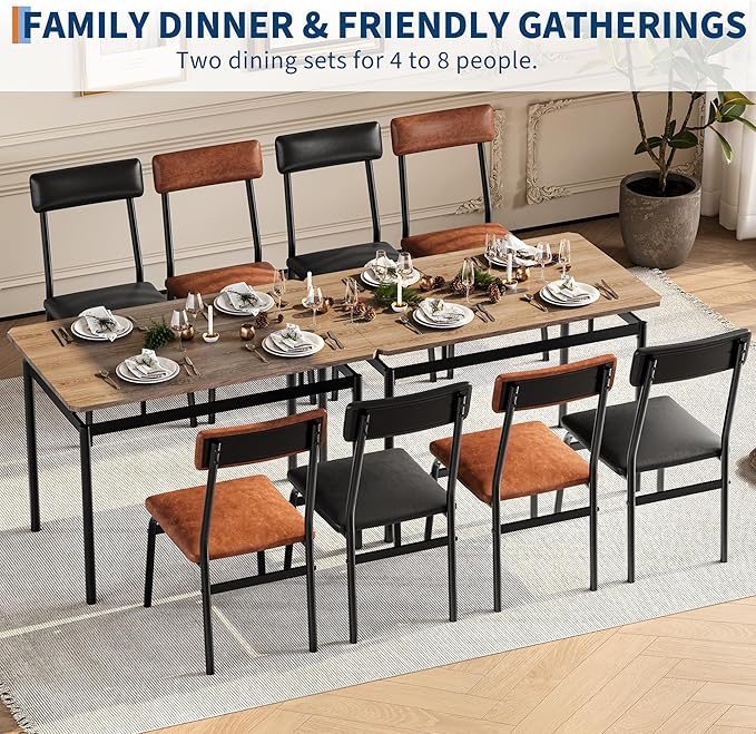 Garvee Dining Table Set for 4, 5 Piece Wooden Dining Table and Chairs, 4 PU Upholstered Chair, Modern Metal Frame Dinette Set for Dining Room, Home Dinner, Party, Apartment, Brown + Black