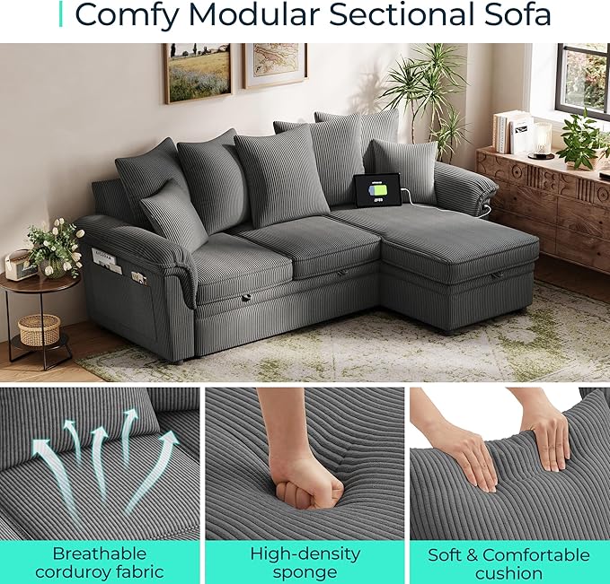 LINSY HOME 90.5'' Sectional Sleeper Sofa with Pull Out Couch Bed Modular (Gray, 90.5'') | USB Charging, Pillow-style Armrest, Multiple Cushions, Storage Chaise, Corduroy Fabric