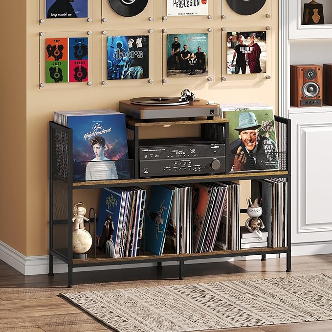 Large Vintage Record Player Table with 4 Adjustable Dividers, Vinyl Record Storage Cabinet for Up to 350 Albums, Medieval Turntable Stand for Living Room, Bedroom (Patent Pending)