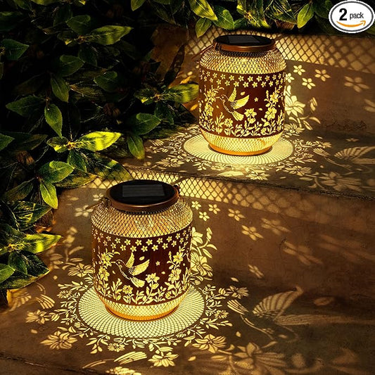 2 Packs Hummingbird Solar Lanterns Outdoor Waterproof, Hummingbird Birthday Gifts for Women Mom Grandma, Metal Hanging Solar Lights Outside Decorations for Patio Porch Yard Backyard Decor