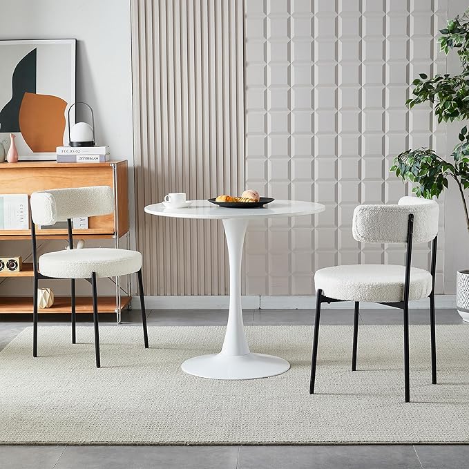 Honyee White Dining Chairs, Modern Dining Chairs Set of 2, Teddy Fleece Round Cushion Dining Room Chairs, Curved Backrest Dining Chairs with Black Metal Legs (White, 2Pcs)