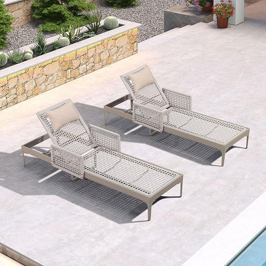 PURPLE LEAF 2 Pieces Outdoor Chaise Lounge Set Rattan Wicker Lounger with Arms Poolside Furniture Adjustable Recliners Patio Lounge Chairs for Beach Yard Garden Balcony, Champagne