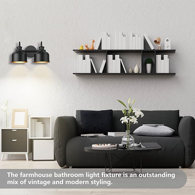 Bathroom 2-Light Vanity Fixture Farmhouse Wall Sconce with Matte Black Metal Shade Industrial Wall Lights for Bedroom,Kitchen,Living Room,Hallway