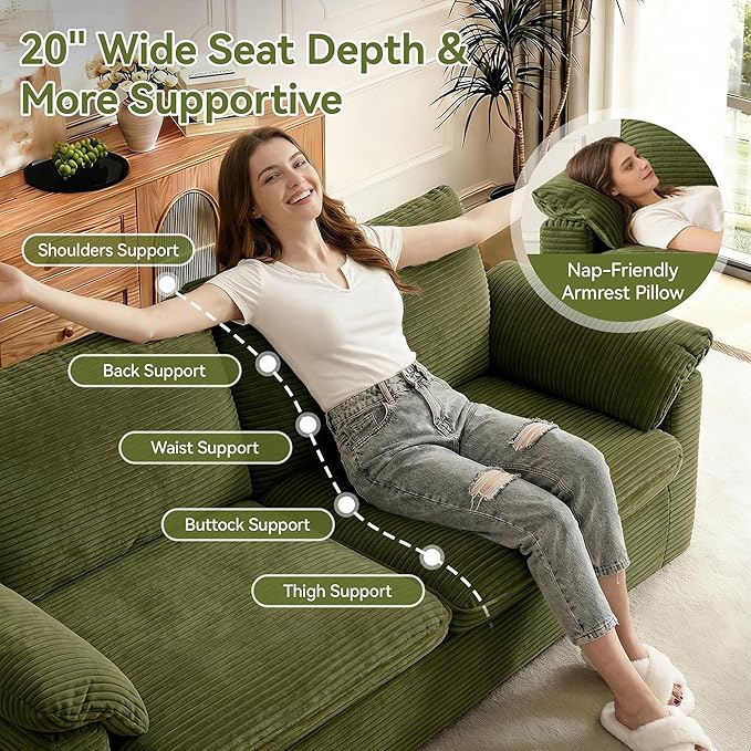 86" Loveseat Sofa Green Corduroy Couch,Modern Cloud Sofa Love Seat, Deep Seat Slipcovered Sofa with 2 Wide Armrest Pillows for Small Spaces Apartment Studio Office Bedroom Living Room