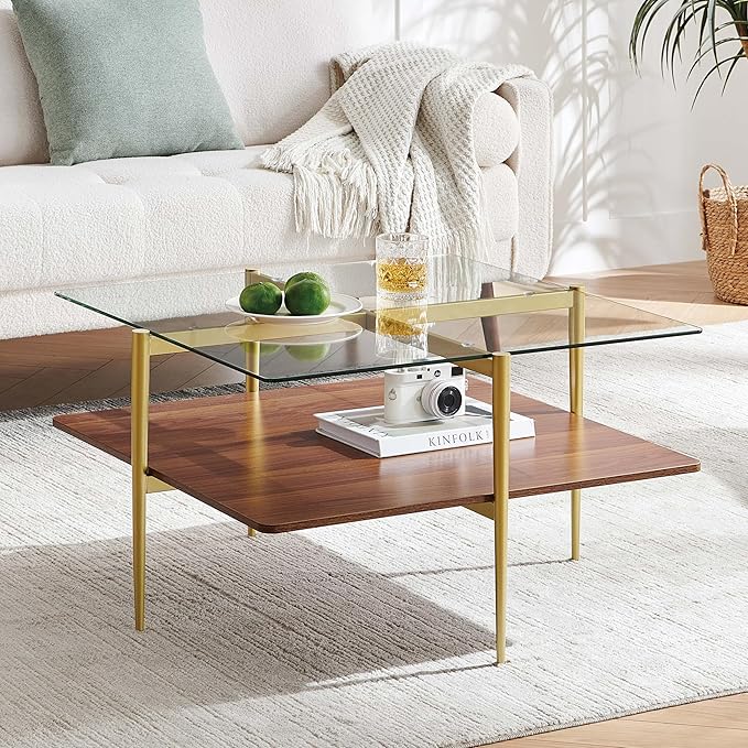 Square Glass Coffee Table, Mid-Century Modern Design, L30 x W30 x H17 inch, for Living Room, Clear Glass Top and Walnut Finish Wood Shelf, Conical Legs with Gold Finish Frame