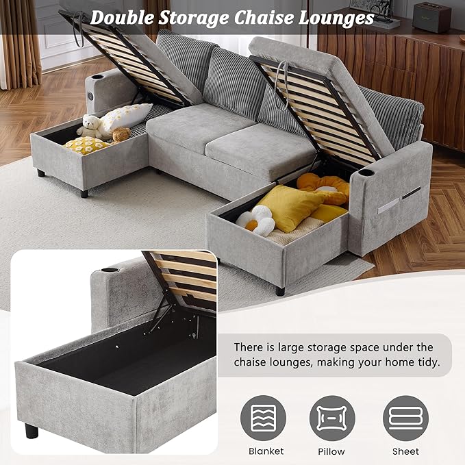 ERYE 113-Inch U-Shaped Pull Out Sleeper Couch Bed, Modern U Shaped Symmetrical Sleeper Sectional Sofa Convertible Sofa Bed with Storage Chaises & USB-C Ports for Living Room