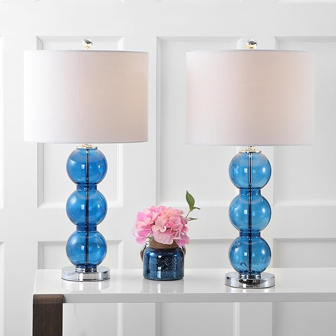 JONATHAN Y 27" Cobalt Blue/Chrome Triple-Sphere Glass Table Lamp Set of 2, Bedside, White Linen Shade, Modern Table Lamps for Living Room, Bedroom, Office, LED Bulbs Included (JYL1070E-SET2)
