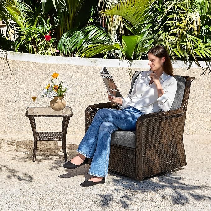 Tribesigns Outdoor Wicker Furniture Set, Patio Wicker Side Table with Tempered Glass Top
