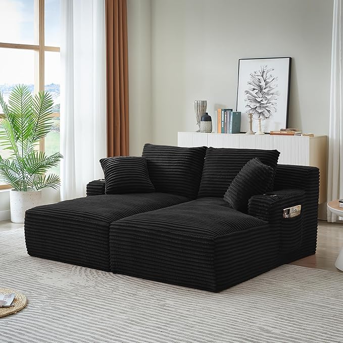 KEIKI Compressible Double Chaise Lounge with Cupholders, Fluffy Corduroy Sleeper Loveseat for Living Room Relaxation, Boneless Chaise Lounge Indoor with Spring Padding, No Assembly Required