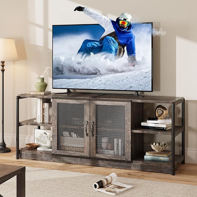 GAOMON Farmhouse TV Stand for 65/75 in TVs, Industrial TV Cabinet with 2 Mesh Doors and 4 Shelves, Vintage TV Console for Living Room, Bedroom, Rustic Oak