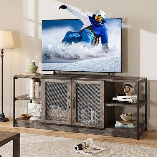 GAOMON Farmhouse TV Stand for 65/75 in TVs, Industrial TV Cabinet with 2 Mesh Doors and 4 Shelves, Vintage TV Console for Living Room, Bedroom, Rustic Oak