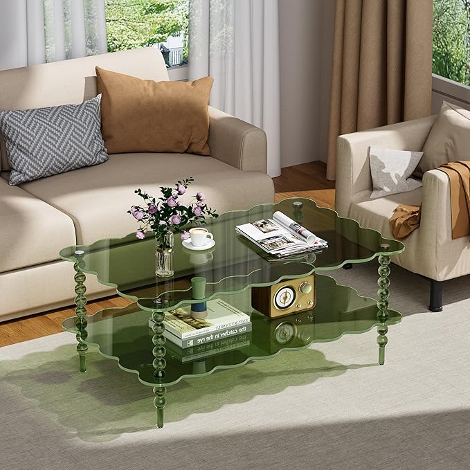 Acrylic Coffee Table, 2-Tier Living Room Table with Storage, Center Table Mid-Modern Century for Living Room, Easy to Assemble (Green, 37.8“×23.6“×15.7”)