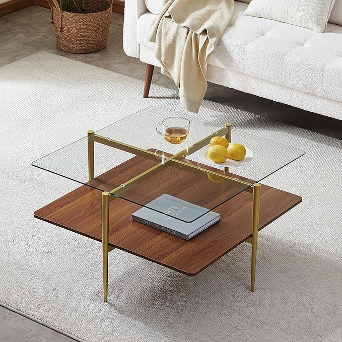 Square Glass Coffee Table, Mid-Century Modern Design, L30 x W30 x H17 inch, for Living Room, Clear Glass Top and Walnut Finish Wood Shelf, Conical Legs with Gold Finish Frame