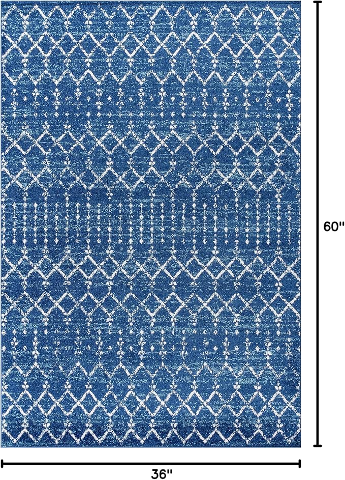 JONATHAN Y Boho Vintage Diamond Blue/White Indoor Area Rug 3X5 ft, Moroccan Hype for Living Room, Bedroom, Kitchen, Office, Easy-Cleaning, High Traffic, Pet-Friendly, Non-Shedding (MOH101A-3)