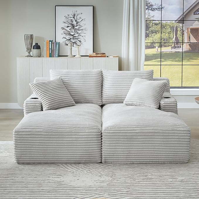 KEIKI Compressible Double Chaise Lounge with Cupholders, Space-Friendly Corduroy Sleeper Loveseat for Apartments, Boneless Chaise Lounge Indoor with Spring Padding, Easy Setup, No Assembly