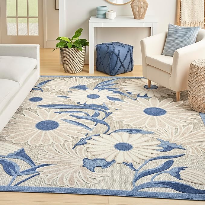 Nourison Home Aloha Blue Grey 7'10" x 10'6" Area Rug - Easy Clean, Non Shedding, Bed Room, Living Room, Dining Room, Kitchen (8' x 11')
