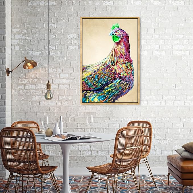 Country Farmhouse Canvas Print Painting Animal Wall Art 'Fun Colorful Glam Rooster' Gold Framed Canvas Rustic Home Décor 24x36 in Pink, Green by Oliver Gal