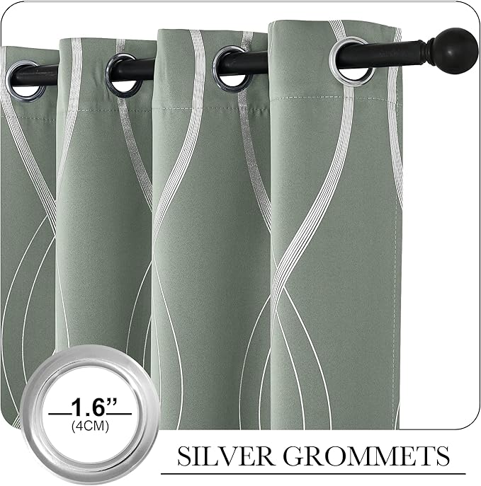 NICETOWN Greyish Green Curtain Panels for Vintage Bedroom, 52 x 84 inch, Thermal Insulated Wave Line Foil Print Design Drapes for Patio Sliding Glass Door Spring Home Decor, 2 Panels