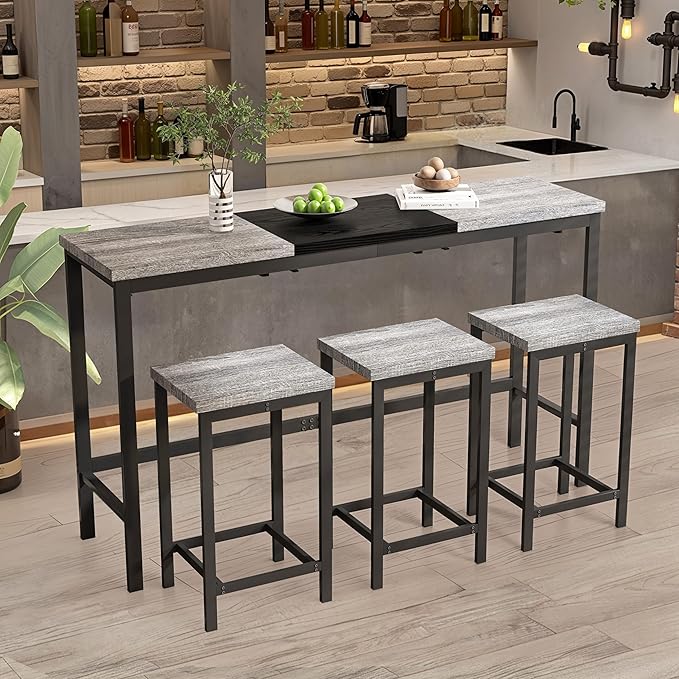 Merax 4 Piece Block-Color Pub Dining Table Set,Modern Bar Table Set with 60.24 Long Dining Table w/Hanging Stool Design and 3 Stools,for Breakfast Nook Living Room Small Space Restaurant,Grey+Black
