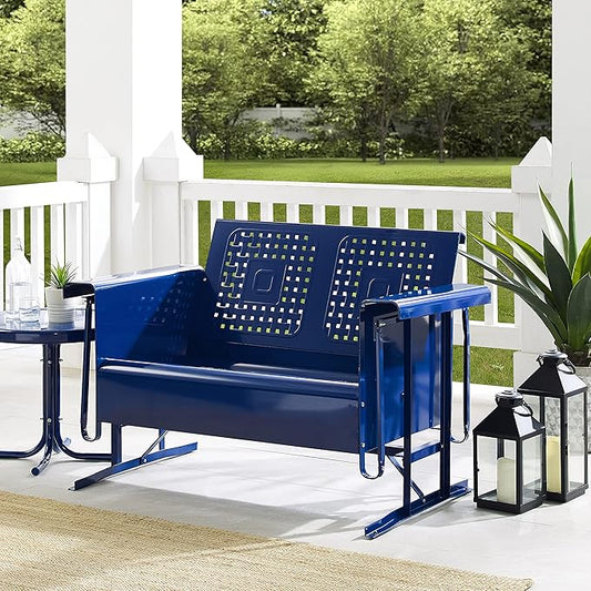Crosley Furniture Bates Retro Metal Outdoor Loveseat Glider, 2-Person Rocking Patio Bench for Porch, Deck, Navy Gloss
