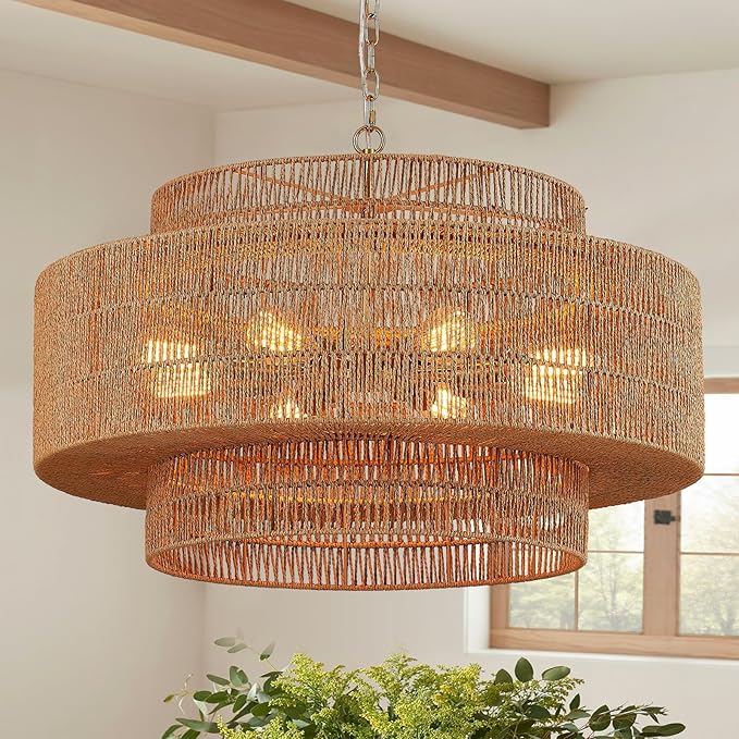 31” Large Rattan Chandelier Light Fixture 8-Light Vintage Farmhouse Hand-Woven Boho Bamboo Rattan Chandelier 3-Tier Drum Wicker Gold Chandeliers for Dining Room, Kitchen, Living Room