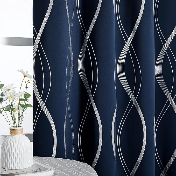 NICETOWN Blackout Curtains 63 inches Long for Bedroom, Thermal Insulated Solid Grommet Top Foil Printed Wave Lines Blackout Panels/Draperies for Boys Kid's Room (Navy, 1 Pair, 42 inch Width)