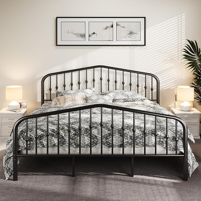 Allewie King Size Metal Platform Bed Frame with Vintage Style Wrought Iron Headboard and Footboard, No Box Spring Needed, Easy Assembly, Black