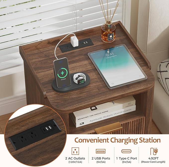 Night Stand with Charging Station, Fluted Nightstand with 2 Drawers and LED Light, Wood Bedside Table with Open Storage for Bedroom, Walnut