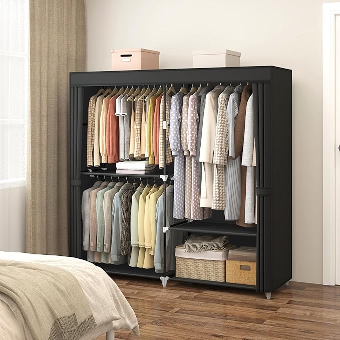 62.5" Closet Wardrobe, Portable Closet for Bedroom, Freestanding Clothes Rack with Non-Woven Fabric Cover, 3 Hanging Rods, 4 Storage Shelves, Clothes Storage Organizer, Black