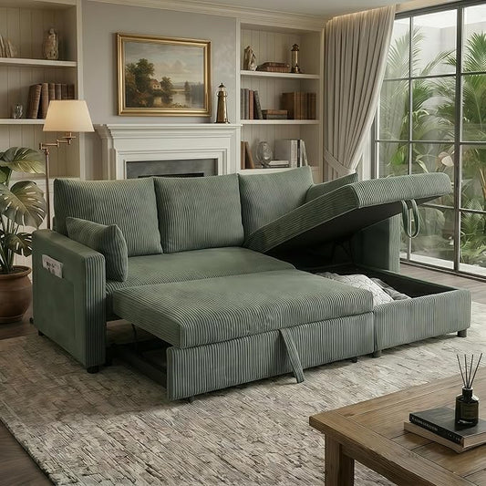 Sectional Sleeper Sofa with Pull Out Bed, L Shape Convertible Sofa Bed Couch with Storage Chaise, 3 in 1 Pull Out Sofa Bed with 3 Seats for Living Room,Apartment, Green, 85Inch
