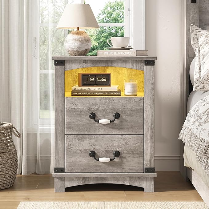 Maupvit Farmhouse Night Stand with Charger Station & Ceramic Handle, Wood Nightstand with 2 Storage Drawers, LED Bedroom Nightstand, Bedside Tables, Grey