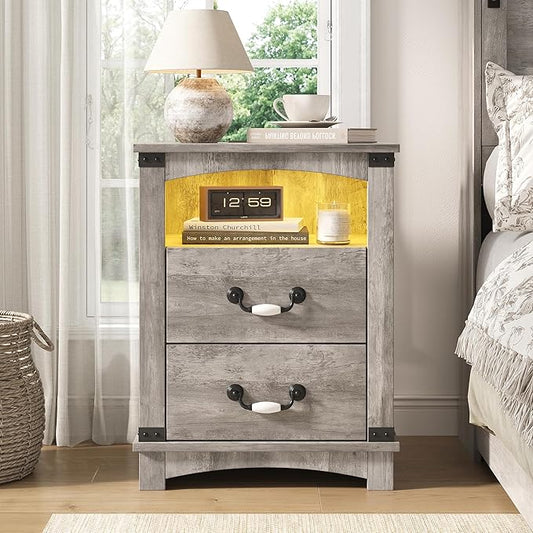 Maupvit Farmhouse Night Stand with Charger Station & Ceramic Handle, Wood Nightstand with 2 Storage Drawers, LED Bedroom Nightstand, Bedside Tables, Grey