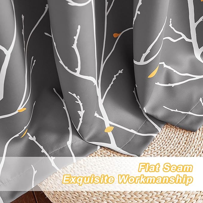 NICETOWN Room Darkening Ceiling to Floor Curtains, Decorative Modern Aesthetic Branches with Petals Triple Weave Material Thermal Insulated for Villa/Cottage, Grey, W52 x L95, 2 PCs