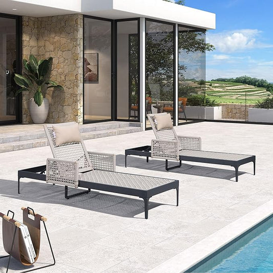PURPLE LEAF 2 Pieces Outdoor Chaise Lounge Set Rattan Wicker Lounger with Arms Poolside Furniture Adjustable Recliners Patio Lounge Chairs for Beach Yard Garden Balcony, Dark Grey