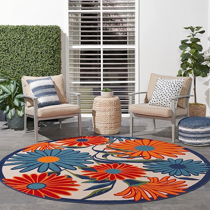 Nourison Home Aloha Multicolor 5'3" x Round Area Rug - Easy Clean, Non Shedding, Bed Room, Living Room, Dining Room, Kitchen (5' x Round)