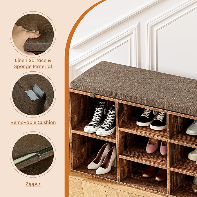Shoe Bench, Storage Bench with Padded Seat, 10 Cubbies Storage Entryway Bench, for Living Room, Bedroom, Hallway,Brown