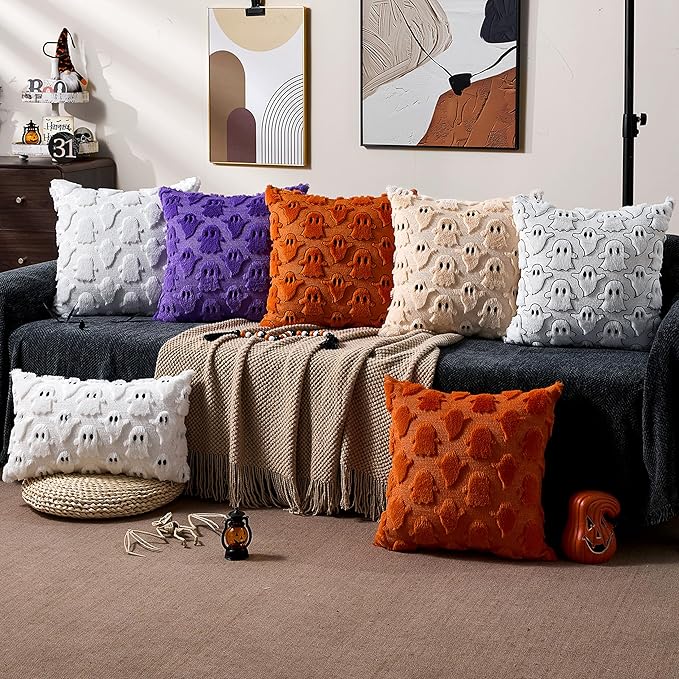 DFXSZ Halloween Pillow Covers 16x16 inch Set of 2 Beige Ghost Throw Pillow Cases Soft Plush Faux Fur Wool Couch Cushion Case for Chair Sofa Bedroom Living Room Home Decor PTK03D16