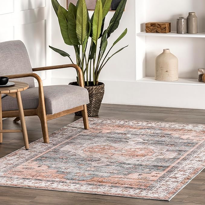 Nuloom SpinClean Banks Light Orange/Light Grey, 8' x 10', Vintage, Soft and Cozy, High Traffic, Stain Resistant, Easy Clean, Durable, Machine Washable Area Rug for Bedroom, Living Room, Dining, Foyer