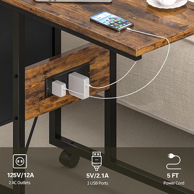 VECELO Coffee Table Set of 2 - Adjustable Height with USB Ports & Wheels, 31.5" and 20" Side and End Tables for Living Room, Bedroom, Apartment, Industrial Style, Rustic Brown